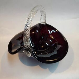 Dark Ruby Red Glass Basket Applied  Clear Twisted Handle